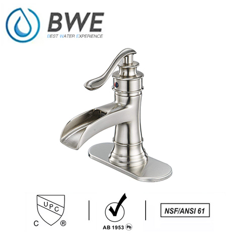 A 6556 N Brushed Nickel Waterfall Bathroom Sink Faucet Deck Mount Lavatory