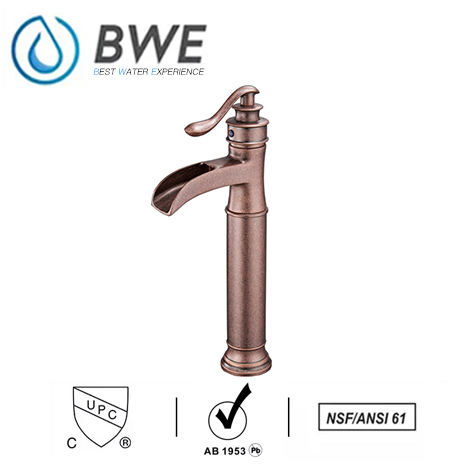 A 6556H Copper Waterfall Bathroom Vessel Sink Faucet Copper Deck Mount