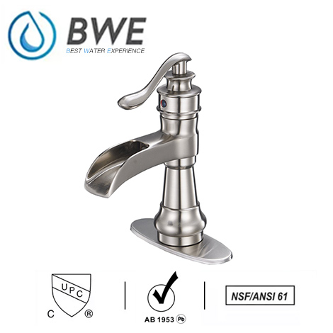 A 6558 N Brushed Nickel Waterfall Bathroom Sink Faucet Deck Mount Lavatory