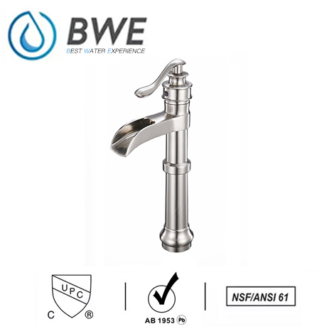 A 6558H N Brushed Nickel Waterfall Bathroom Vessel Sink Faucet Deck Mount