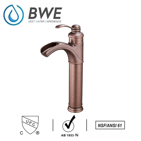 A 6137H Copper Waterfall Copper Bathroom Vessel Sink Faucet