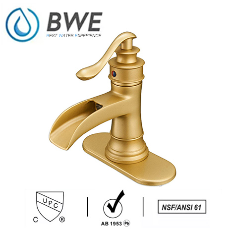 A 6556 BG Waterfall Brushed Gold Bathroom Sink Faucet Deck Mount Lavatory