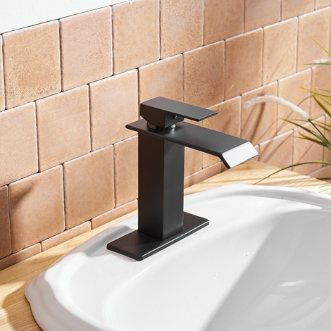 A 6004 MB Matte Black Bathroom Sink Faucet Waterfall Single Handle One Hole Deck Mount