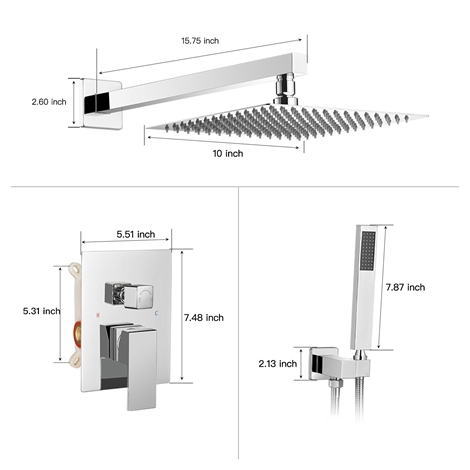 A 5010 Inch Square Chrome Bathroom Luxury Rain Mixer Shower Combo Set