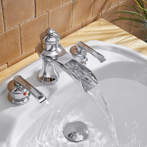A 6571 C S Chrome Bathroom Faucet 8 inch 2 Handle 3 Hole Waterfall Widespread Bathroom Faucet