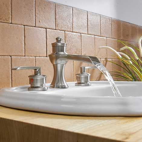 A 6571 N S Brushed Nickel Bathroom Faucet Lavatory Sink 8 inch 2 Handle 3 Hole Waterfall Widespread Bathroom Faucet