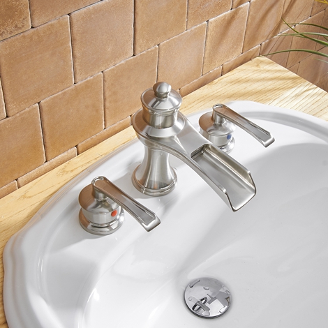 A 6571 N S Brushed Nickel Bathroom Faucet with Drain Assembly and Supply Hose Lead free Lavatory Sink 8 inch 2 Handle 3 Hole Waterfall Widespread Bathroom Faucet Mixer Tap