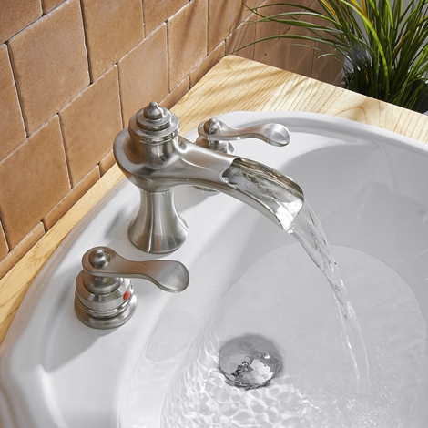 A 6573 C S Brushed Nickel Waterfall 8 16 inch 2 Handle 3 Hole Widespread Bathroom Faucet Lavatory Sink