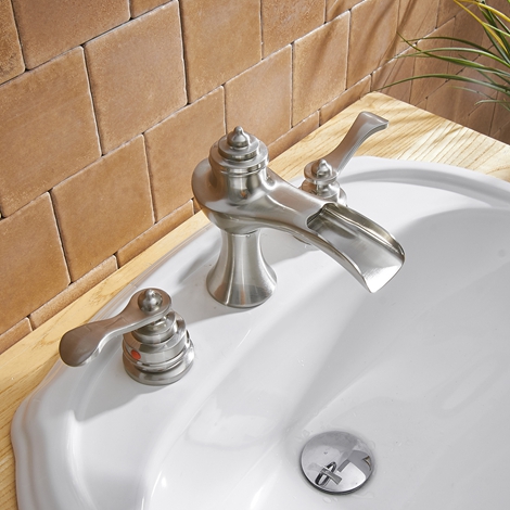 A 6573 C S Brushed Nickel Waterfall 8 16 inch 2 Handle 3 Hole Widespread Bathroom Faucet with Drain Assembly and Supply Hose Lead free Lavatory Sink