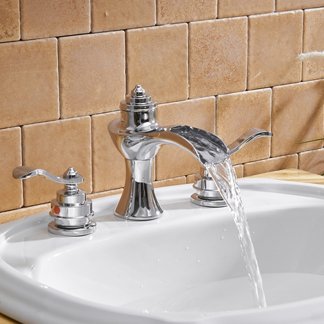 A 6573 C S Chrome Waterfall 8 16 inch 2 Handle 3 Hole Widespread Bathroom Faucet with Drain Assembly and Supply Hose Lead free Lavatory Sink Mixer Tap