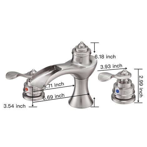 A 6573 C S Waterfall 8 16 inch 2 Handle 3 Hole Widespread Brushed Nickel Bathroom Faucet Lavatory Sink