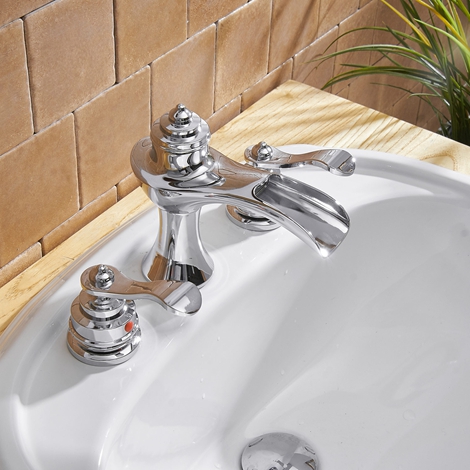 A 6573 C S Widespread Bathroom Faucet with Drain Assembly and Supply Hose Lead free Lavatory Sink Waterfall 8 16 inch 2 Handle 3 Hole Mixer Tap Chrome