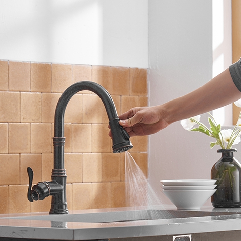 A 4551 ORB Oil Rubbed Bronze Modern Commercial Lead free Solid Brass Single Lever Pause Botton Pull Out Sprayer Kitchen Faucet Kitchen Sink Faucet With Deck Plate