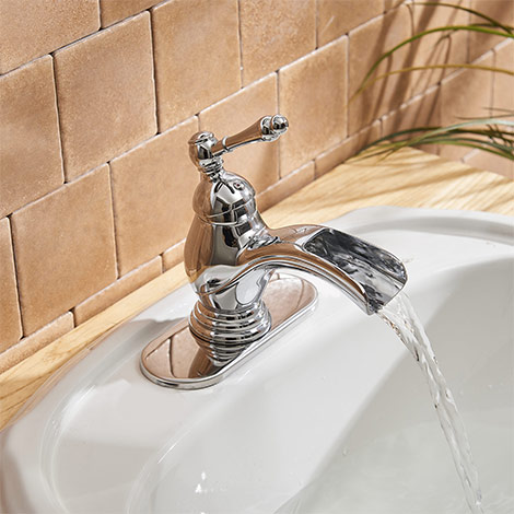 A 6574 C BWE Chrome Bathroom Faucet Single Handle One Hole with Drain Assembly and Supply Hose Lead free Lavatory Sink Waterfall Faucet