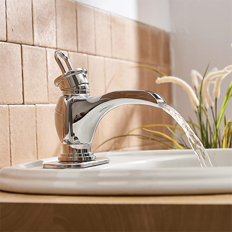 A 6574 C Chrome Bathroom Sink Faucet Single Handle One Hole with Drain Assembly and Supply Hose Lavatory Waterfall Faucet Deck Mounted