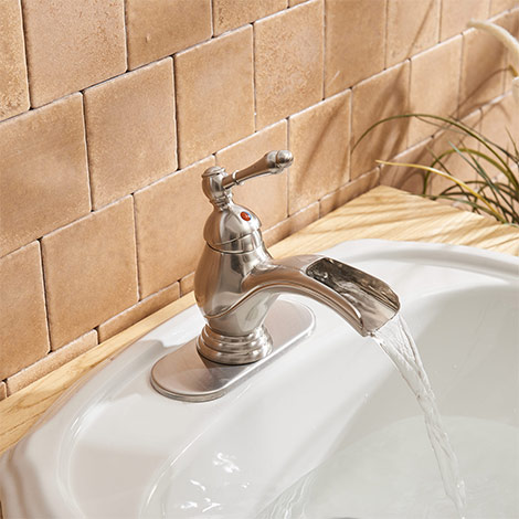 A 6574 N Brushed Nickel Waterfall Faucet with Drain Assembly and Supply Hose Lead free Lavatory Bathroom Sink Faucet