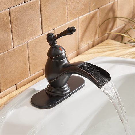 A 6574 ORB Oil Rubbed Bronze Single Handle Bathroom Faucet with Drain Assembly and Supply Hose Lead free Lavatory Sink Waterfall Faucet One Hole Mixer Tap Deck Mounted