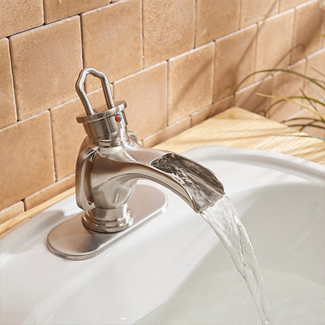 A 6575 N Brushed Nickel Bathroom Sink Faucet with Drain Assembly and Supply Hose Lavatory Waterfall Faucet Deck Mount