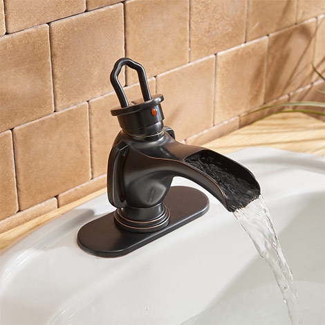 A 6575 ORB Oil Rubbed Bronze Bathroom Faucet with Drain Assembly and Supply Hose Lavatory Sink Single Handle Waterfall Faucet One Hole Deck Mounted