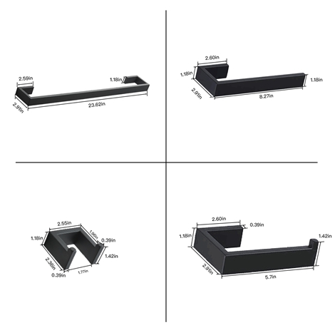 A 1011 Black Bathroom Accessories Set 4 Pieces Towel Bar Set with Towel Holder Robe Hook Toilet Paper Holder Bathroom Hardware Set Matte Black