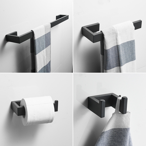 A 1011 Black Matte Black Bathroom Accessories Set 4 Pieces Towel Bar Set with Towel Holder Robe Hook Toilet Paper Holder Bathroom Hardware Set