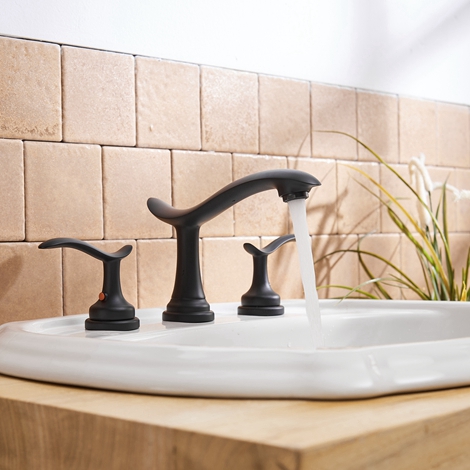 A 16431 Black Matte Black Widespread Bathroom Faucet with Drain Assembly and Supply Hose Lead free Black Bathroom Faucet Two Handle 3 Hole 8 16inch Lavatory Sink