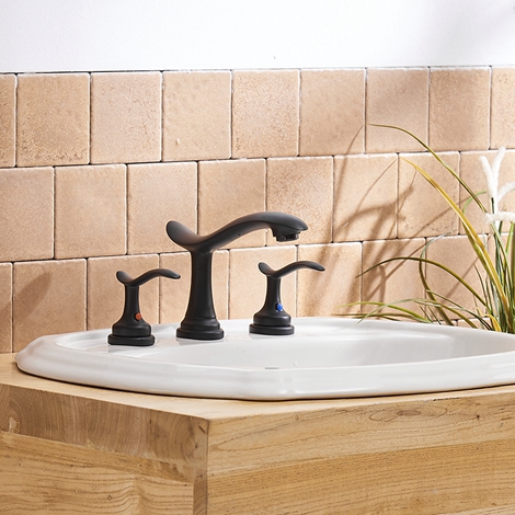 A 16431 Black Matte Black Widespread Bathroom Faucet with Drain Assembly and Supply Hose Lead free Black Bathroom Faucet Two Handle 3 Hole 8 16inch Sink