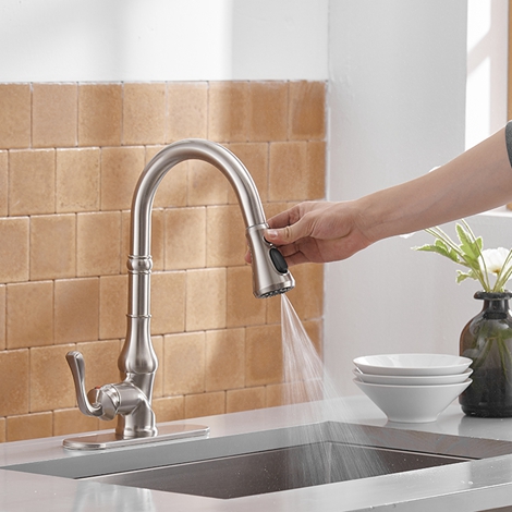 A 4552 N Kitchen Sink Faucet Solid Brass Single Lever Pause Botton Pull Out Sprayer Brushed Nickel Kitchen Faucet Kitchen Sink Faucet With Deck Plate