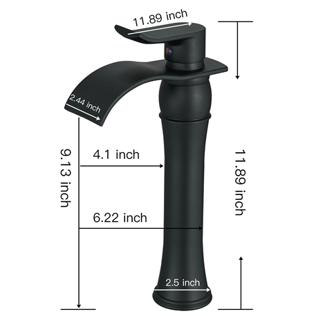 A 6090 Black Black Bathroom Faucet with Drain Assembly and Supply Hose Lead free Waterfall Vessel Sink Faucet Matte Black Lavatory Mixer Tap