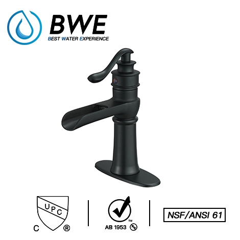 A 6135 Black Black Bathroom Faucet with Drain Assembly and Supply Hose Lead free Deck Mounted Waterfall Single Handle Bathroom Sink Faucet Lavatory Mixer Tap Matte Black