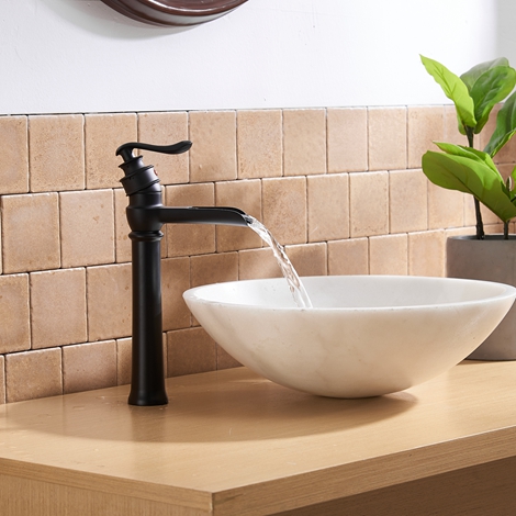 A 6135H Black Matte Black Vessel Sink Faucet with Drain Assembly and Supply Hose Lead free Waterfall Single Handle Single Hole Bathroom Faucet Lavatory Mixer Tap