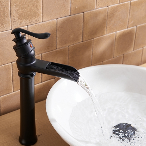 A 6135H Black Matte Black Vessel Sink Faucet with Drain Assembly and Supply Hose Lead free Waterfall Single Handle Single Hole Bathroom Faucet Lavatory