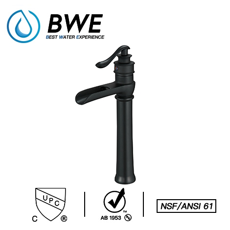 A 6135H Black Vessel Sink Faucet with Drain Assembly and Supply Hose Lead free Waterfall Single Handle Single Hole Bathroom Faucet Lavatory Mixer Tap Tall Body Matte Black