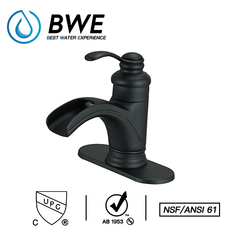 A 6137 Black Bathroom Faucet with Drain Assembly and Supply Hose Lead free Single Handle Waterfall Bathroom Sink Faucet Lavatory Mixer Tap Deck Mounted Matte Black