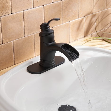 A 6137 Black Matte Black Bathroom Faucet with Drain Assembly Single Handle Waterfall Bathroom Sink Faucet Lavatory Mixer Tap Deck Mounted