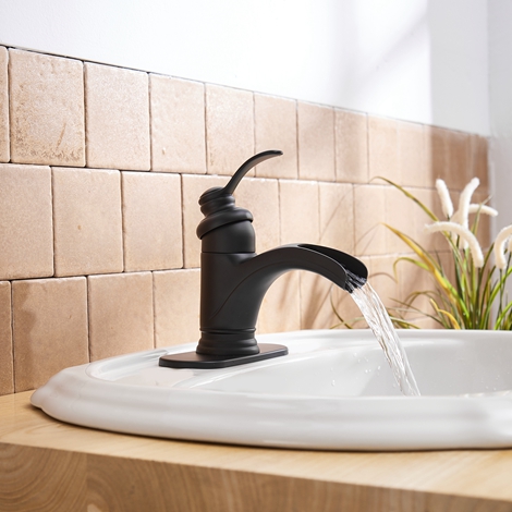 A 6137 Black Matte Black Bathroom Faucet with Drain Assembly Single Handle Waterfall Bathroom Sink Faucet Lavatory