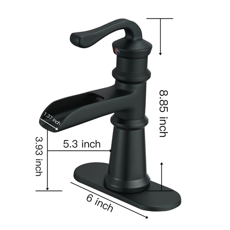 A 6560 Black Bathroom Sink Faucet with Drain Assembly and Supply Hose Lead free Waterfall Matte Black Faucet Single Handle Single Hole Lavatory Mixer Tap