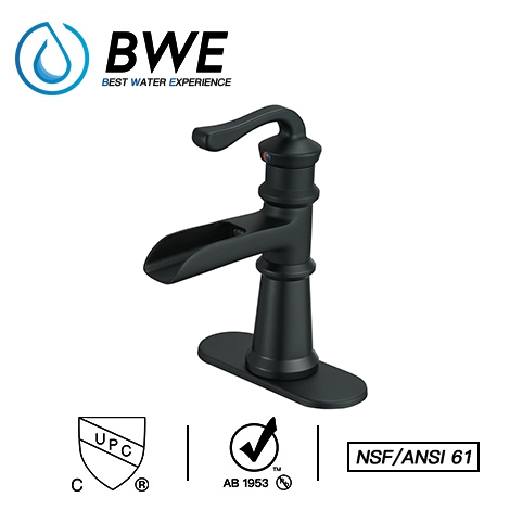 A 6560 Black Bathroom Sink Faucet with Drain Assembly and Supply Hose Lead free Waterfall Matte Black Faucet Single Handle Single Hole Lavatory