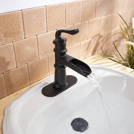 A 6560 Black Bathroom Sink Faucet with Drain Assembly and Supply Hose Lead free Waterfall Matte Black Faucet Single Handle Single Hole
