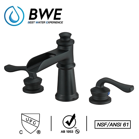 A 6560 S Black Widespread Bathroom Faucet Matte Black with Drain Assembly and Supply Hose Lead free Waterfall Black Two Handle 8 16 inch Bathroom Faucet Lavatory Basin Mixer Tap
