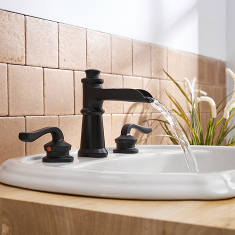 A 6560 S Black Widespread Bathroom Faucet Matte Black with Drain Assembly and Supply Hose Lead free Waterfall Black Two Handle 8 16 inch Bathroom Faucet