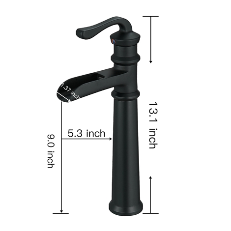 A 6560H Black Matte Black Vessel Sink Faucet with Drain Assembly and Supply Hose Lead free Tall Body Waterfall Single Handle Single Hole Bathroom Faucet Lavatory Mixer Tap