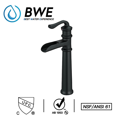 A 6560H Black Vessel Sink Faucet with Drain Assembly and Supply Hose Lead free Tall Body Waterfall Single Handle Single Hole Bathroom Faucet Lavatory Mixer Tap Matte Black