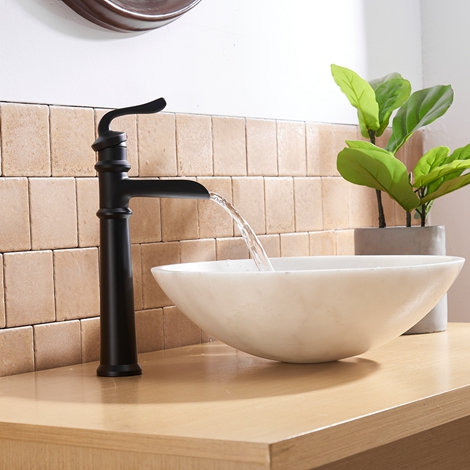 A 6560H Black Vessel Sink Faucet with Drain Assembly and Supply Hose Lead free Tall Body Waterfall Single Handle Single Hole Bathroom Faucet Matte Black