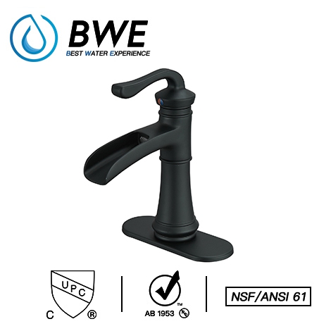 A 6561 Black Bathroom Sink Faucet with Drain Assembly and Supply Hose Lead free Single Handle Single Hole Waterfall Faucet Lavatory Mixer Tap Matte Black