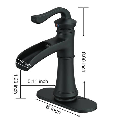 A 6561 Black Matte Black Bathroom Sink Faucet with Drain Assembly and Supply Hose Lead free Single Handle Single Hole Waterfall Faucet Lavatory Mixer Tap
