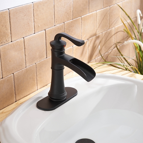 A 6561 Black Matte Black Bathroom Sink Faucet with Drain Assembly and Supply Hose Lead free Single Handle Single Hole Waterfall Faucet Lavatory