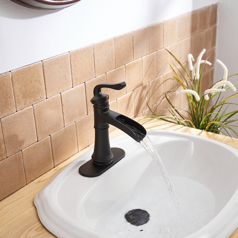 A 6561 Black Matte Black Bathroom Sink Faucet with Drain Assembly and Supply Hose Lead free Single Handle Single Hole Waterfall Faucet