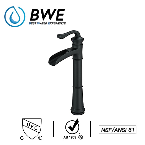 A 6561H Black Matte Black Bathroom Faucet with Drain Assembly and Supply Hose Lead free Waterfall Vessel Sink Faucet Lavatory Single Handle Mixer Tap Tall Body