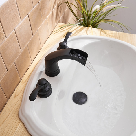 A 6562 S Black Matte Black Widespread Bathroom Faucet with Drain Assembly and Supply Hose Lead free Waterfall Two Handle 8 16 inch Bathroom Faucet Lavatory Mixer Tap Three